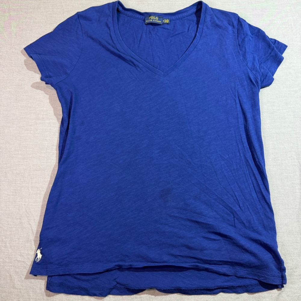 Polo Ralph Lauren V-Neck T-Shirt Womens Medium Blue Good Cotton Slub Pony Logo